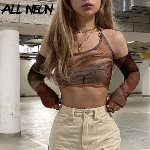 ALLNeon Vintage 90s Streetwear Art Printing Backless Brown Crop Tops Y2K Fashion Retro Open Shoulder Halter Tops With Sleeve New