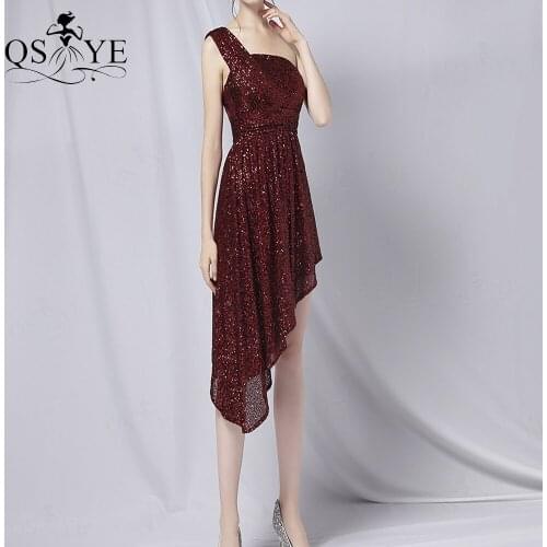 Asymmetrical Burgundy Prom Dresses Sequin One Shoulder Evening Gown Short Girl Party Dress Ruched Cocktail Gown Pleat RedVestido