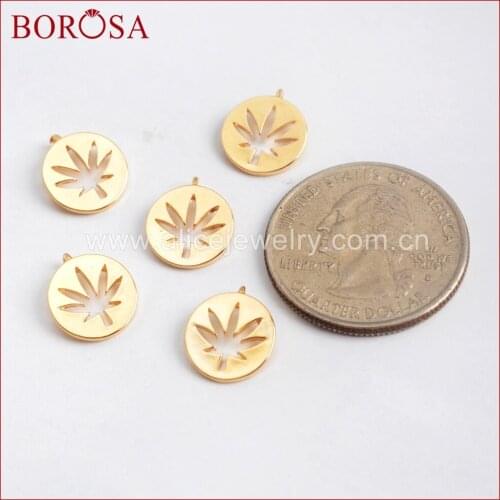 BOROSA 100PCS Gold Color Brass Leaf Carved Coin Charm Metal Jewelry Findings for Women Druzy Gems Jewelry DIY PJ106