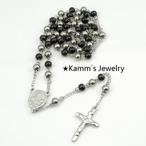 AMUMIU Rosary Beads Stainless Steel Chain Black Pendant Necklace Cross Jesus Womens Mens Accessories Wholesale Retail KN085