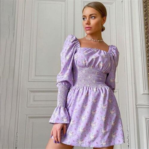 Elegant Women Slash Neck Floral A-Line Mini Dress Tie-up Backless Puff Long Sleeve Party Dress For Summer And Autumn