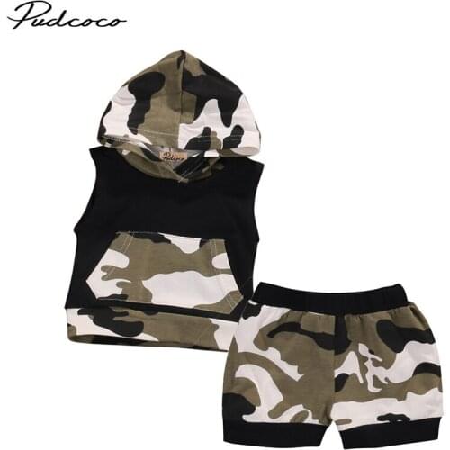 Emmababy Infant Baby Boy Girl Clothes Summer Cotton Camouflage Sleeveless Hooded T-shirt+Short Pants 2PCS Baby Clothing Set