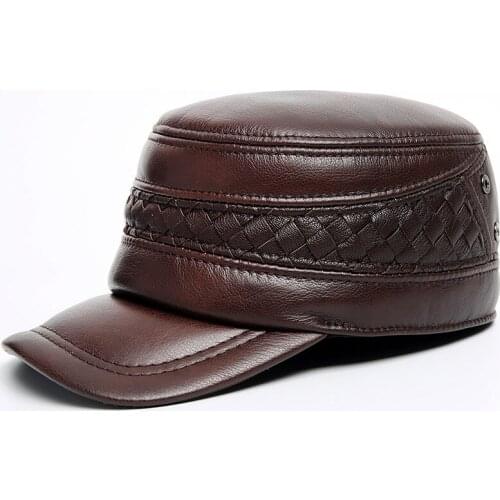 H3511 Men Leather Visor Hat Autumn Winter Warm Ear Protection Cowhide Cap Male Flat Top High Quality Fashion Casual Thermal Hats