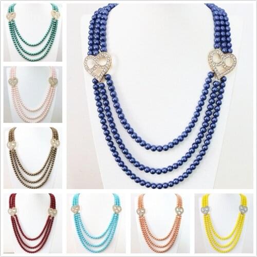 Beautiful shell simulated-pearl multicolor 6mm round beads 3rows crystal purfle heart accessories charms necklace 28-32"B1187