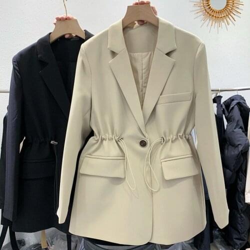 Nice Spring Casual Drawstring High Waist Blazer Jacket Womens Mid-Length Coat Female Elegant Suits Coat Chic Korean Office