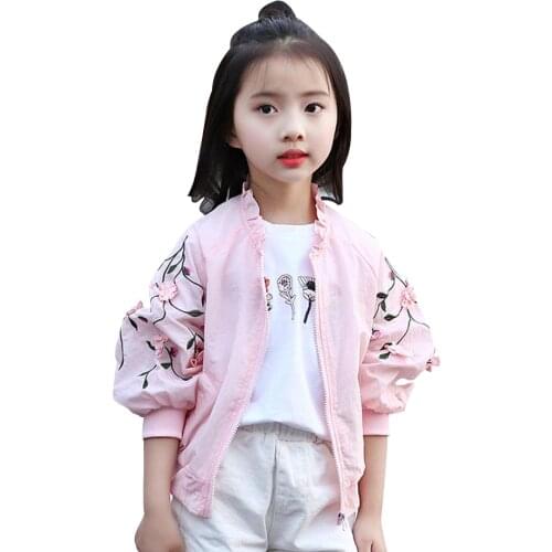 2020 Girls Jacket Floral Embroidery Jacket For Girls Mandarin Collar UV Protection Outerwear Kids Fashion Spring Girls Clothes