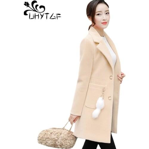 UHYTGF Spring autumn jacket women Long sleeved lapel slim woolen coat Mid-length elegant Female thin outerwear abrigos mujer 524