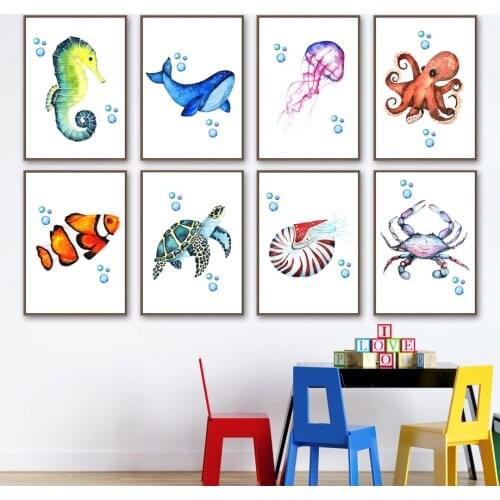 Jellyfish Seahorse Crab Whale Turtle Fish Nursery Wall Art Print Canvas Painting Nordic Poster Wall Picture Baby Kids Room Decor
