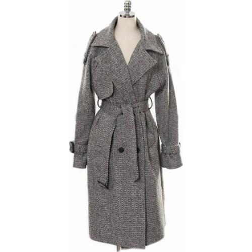 2021 New Arrival Fashion Houndstooth Woolen x-Long Coat Women Stand Collar Loose overcoat Winter
