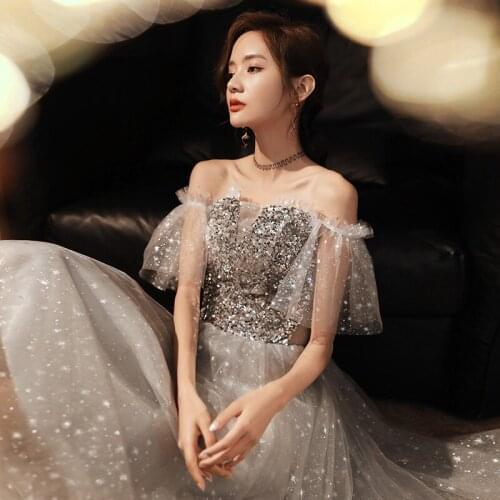 New Luxury Grey Sequins Off-Shoulder Evening Dress Banquet Elegant Long A-Line Formal Gown Vestidos вечернее платье