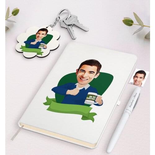 Personalized Men 'S Best Teacher Caricature Of White Notebook Pen And Keychain Gift Seti-1