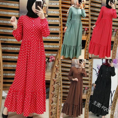 Polka Dot Ruffled Pleated High-waisted Dress Women Caftan Marocain Muslim Dresses Ramadan Hijab Long Robe Traf Islamic Clothing