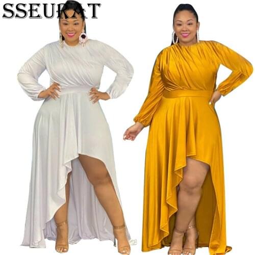 SSEURAT Fall 2021 Plus-Size Womens Clothing Solid Color Fashion Casual Loose Irregular Long Sleeve Dresses