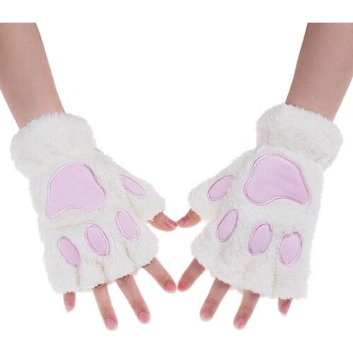 Women Cute Cat Claw Paw Plush Mittens Warm Soft Plush Short Fingerless Fluffy Bear Cat Gloves Costume Half Finger Black Beige
