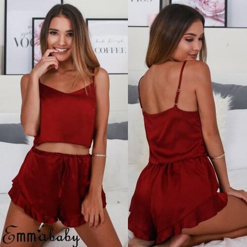 Hot sale 2PC Womens Satin Sleepwear Camisole Sets Sexy Pajama Nightwear V-neck Lingerie Babydoll Nightdress Red Sleepwear