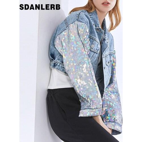 Womens Denim Jacket Fall 2021 Womens Spring New Fashion Loose Sequins Long Sleeve Jean Coat Slimming Short Denim Jacket