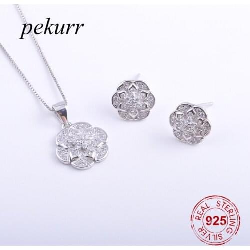 Pekurr 925 Sterling Silver Luxurious Crystal Lotus Flower Earrings Necklace Sets For Women Zircon Pendants Jewelry Sets