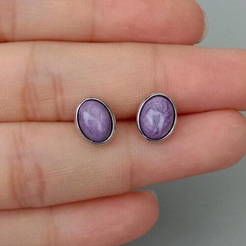 Y·YING natural Purple Charoite Earrings Oval Shape Bezel Set Small Stud Sterling 925 Silver Fine Jewelry Women Femme Wedding