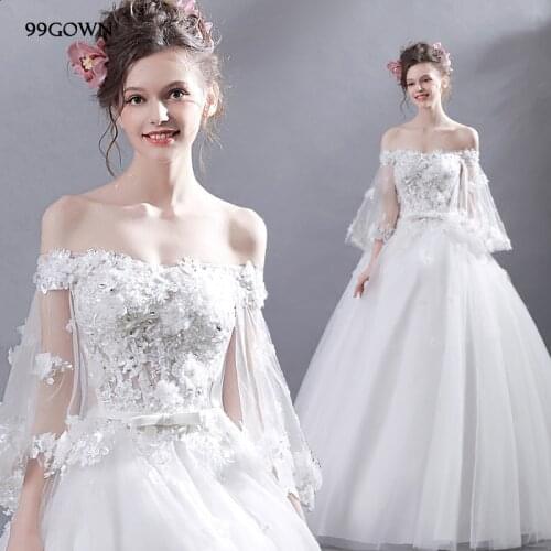 99GOWN Women A-Line Wedding Ball Gown Sexy Off Shoulder Flare Sleeve Satin Tulle Wedding Dress Beading Sashes Bridal Dress
