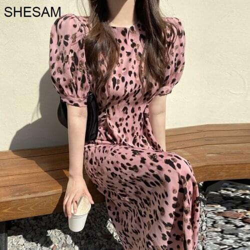 2021 Summer Korean Chic Dress Summer Dress Foreign Pink Leopard Print Round Neck Slim Waist Medium Long Foam Sleeve Chiffon