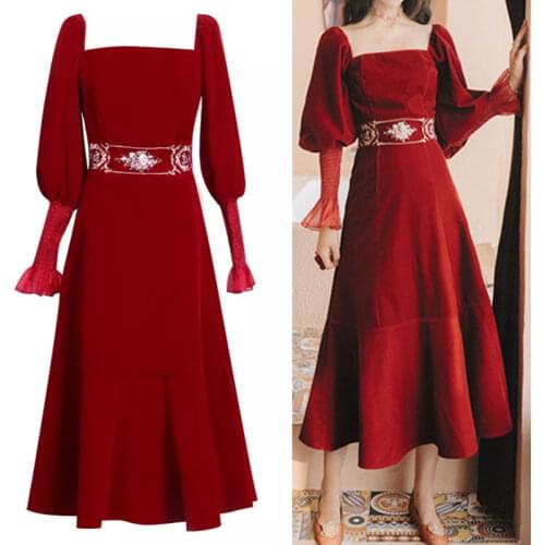 Court style embroidery party dress for women spring summer lantern sleeve gold velvet long dress elegant