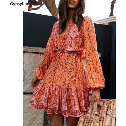 GypsyLady Orange Floral Vintage Mini Dresses for Women Boho Hippie Holiday Dresses V-neck Button Front Long Sleeve Ruffles Dress
