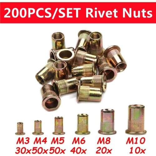 200PCS Carbon Steel Flat Head Rivet Nuts M3 M4 M5 M6 M8 M10 Kit Thread nut Hardware Parts
