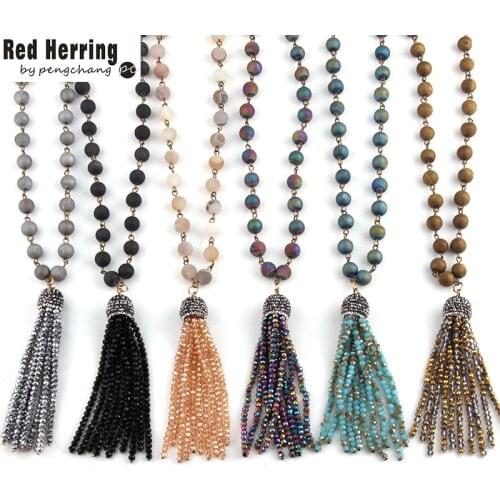 Free Shipping Rosary Chain Natural Druzy Bead & Crystal Tassel Fashion Necklaces