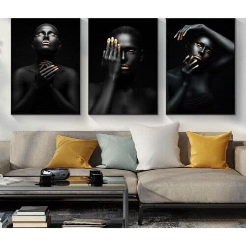Black Gold Nude African Woman Oil Painting on Canvas Posters and Prints Scandinavian Wall Art Pictures for Living Room Decor