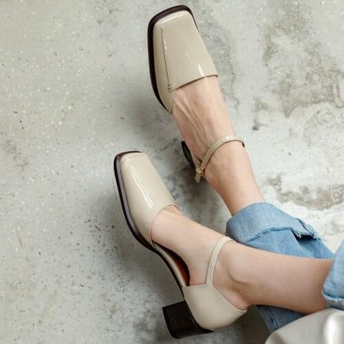 Spring/Autumn Cow Leather Women Shoes Square Toe Cover Heel High Heel Pumps Solid Concise Chunky Heel Black/Beige Shoes Women