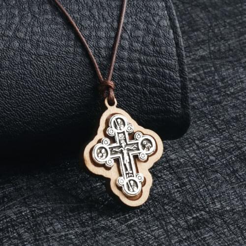 Wooden Saint Crucifix Cross Pendant Necklaces for Men Women Religious Orthodox Necklace Adjustable Leather Rope Chains Jewelry