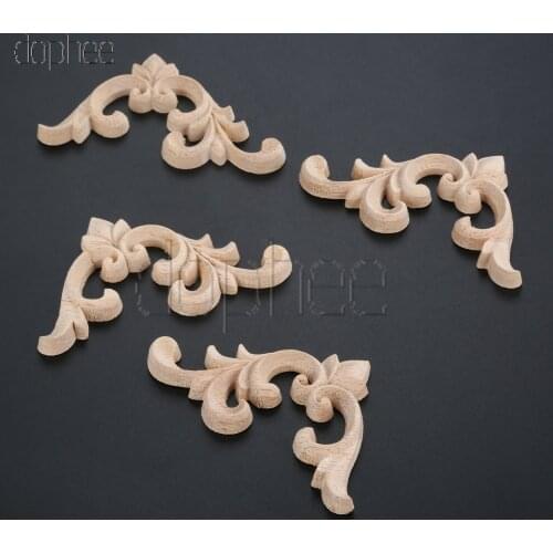 Dophee 2/4pcs 7.5*6cm Unique Natural Floral Wood Carved Figurines Crafts Corner Appliques Frame Wall Door Woodcarving Decorative