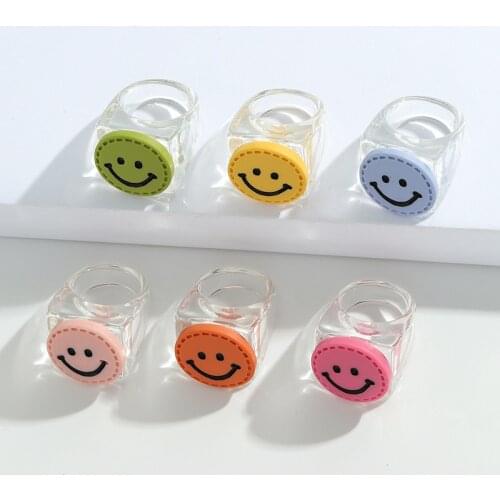 Ins Simple Trendy Acrylic Creative Colorful Smiley Transparent Chunky Ring For Women Fashion Jewelry Gift