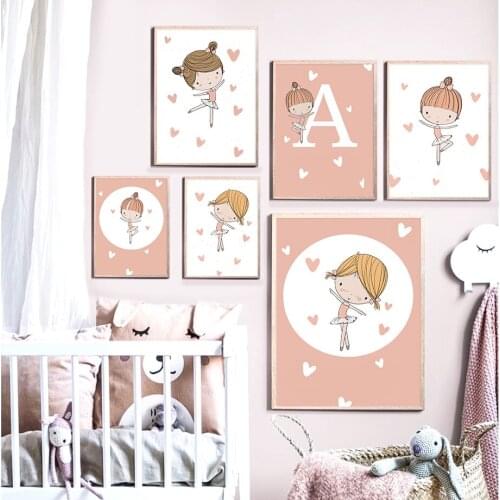 Canvas Painting Abstract Cartoon Pink Ballet Cute Little Girl Wall Art Posters And Prints Pictures Nursery Kids Room Decor