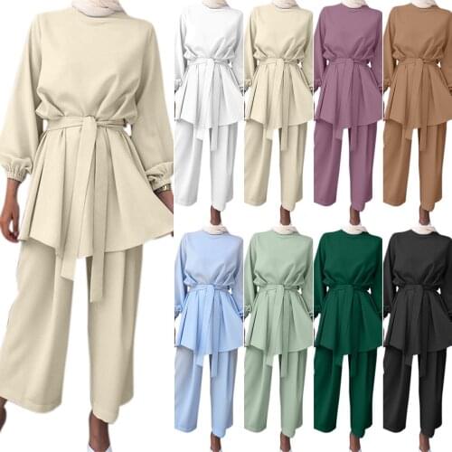 Muslim Women Arab Suit Fashion Long Sleeve Tops + Wide Leg Pants Islamic Two Piece Set Outfits Female Blouses Women Sets
