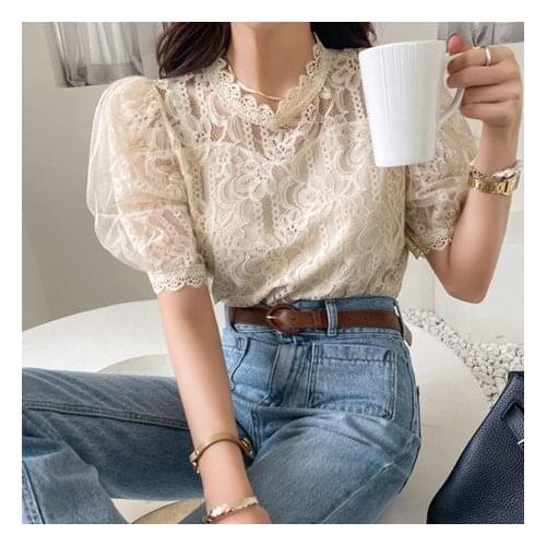 New Embroidery Lace Transparent Womens Blouses Summer Tops Femme Casual Women Shirt Short Sleeve Girls Blouse Plus Size Blusas