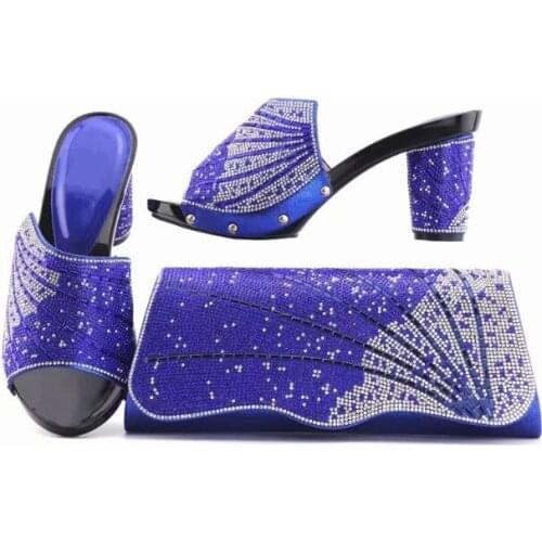 Excellent royal blue women pumps and bag set with rhinestone african shoes match handbag set for dress V1013-2A
