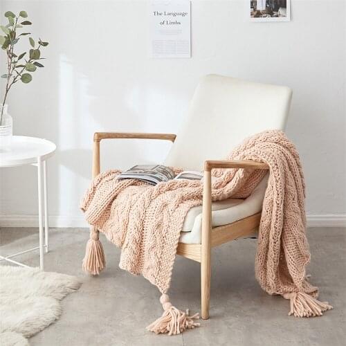 Nordic Sofa Throw Blanket For Beds Hand-knitted Knitted Wool Blanket Leisure Blankets Chunky Knit Blanket Pink Yellow-130*160CM