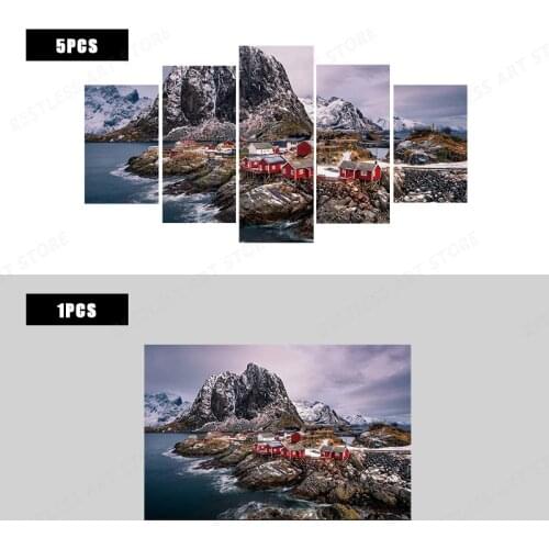 Red house coast moutains Lofoten Islands Norway nature landscape living room home art decor canvas poster