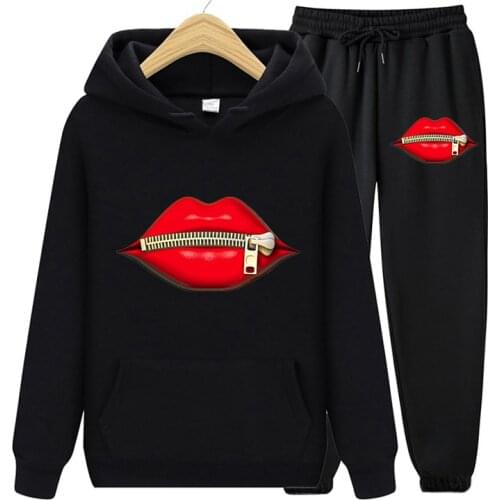 Casual Zipper Lips Print Two Piece Set Tracksuit Fashion Autumn Women Hoodies Sweatshirts And Pants Sport Jogger Female Clothes