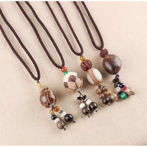 Vintage Sandalwood Natural Stone Pendant Necklace for Women and Girls Long Sweater Chain Adjustable Jewelry Gift Souvenir
