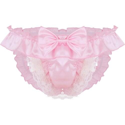 Sexy Mens Lace Bowknot Erotic Thongs Underpants Male Low Sissy Breathable Gay Underwear T-back G-string Pink Thong Open Butt