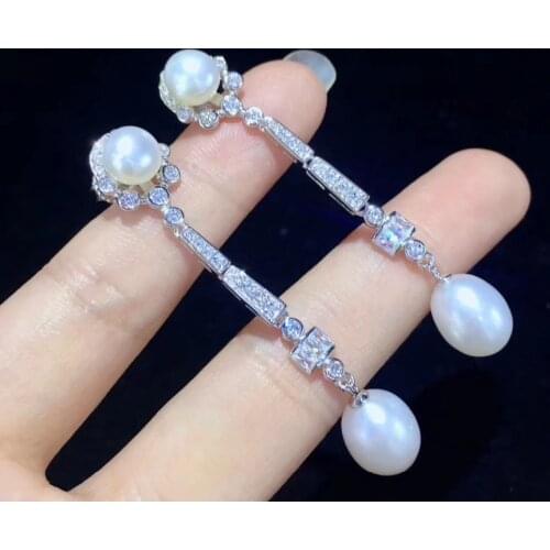 Natural fresh water pearl drop earring long earring 925 sterling silver with cubic zircon tear drop shape fine women jewelry