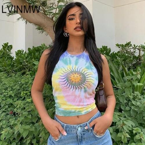 LVINMW Tank Tops Gradient Chic Casual Summer Clothes For Women Hit Color Slim Basic Girls Cropped Top Sleeveless Print Harajuku