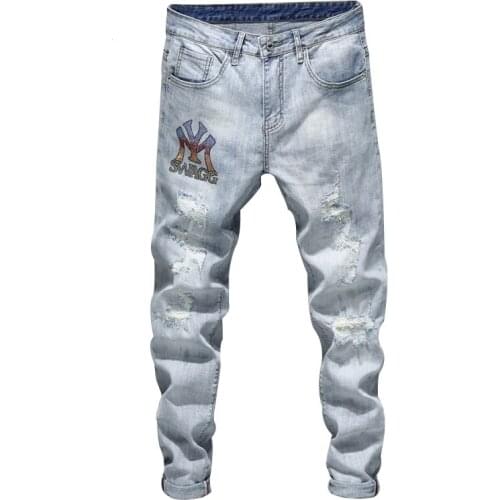 Streetwear Skinny Jeans Mens Printed Sequin Distressed Patched Biker Jeans Ripped Light Blue High Stretch Punk Mens Trousers