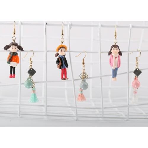 Japan Korean Handmade Cartoon Doll Girls Star Cute Asymmetric Women Dangle Drop Earrings Fashion Jewelry Accessories Wholesale