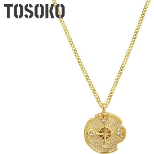 TOSOKO Stainless Steel Jewelry Irregular Round Brand Copper Pendant Zircon Titanium Steel Plated 18 K Necklace Female BSP280