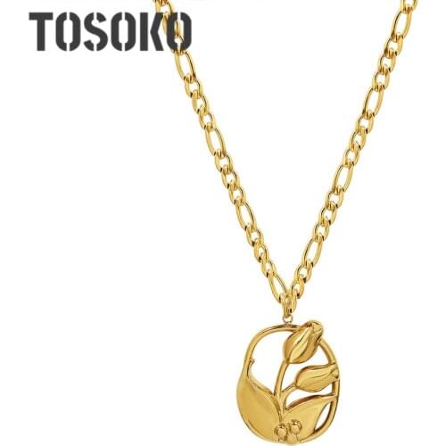 TOSOKO Stainless Steel Jewelry Tulip Flower Pendant Necklace Female Elegant Hollow Carving Clavicle Chain BSP1095