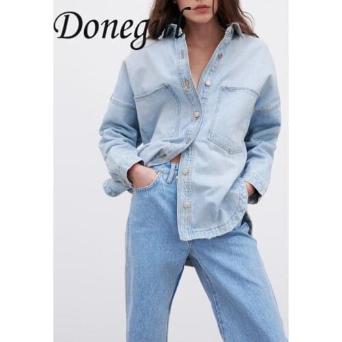 2021 New Spring Autumn Women Retro Simplicity Denim Shirt Long Sleeve Pocket Cardigan Streetwear Jean Jacket Harajuku Coat ZA