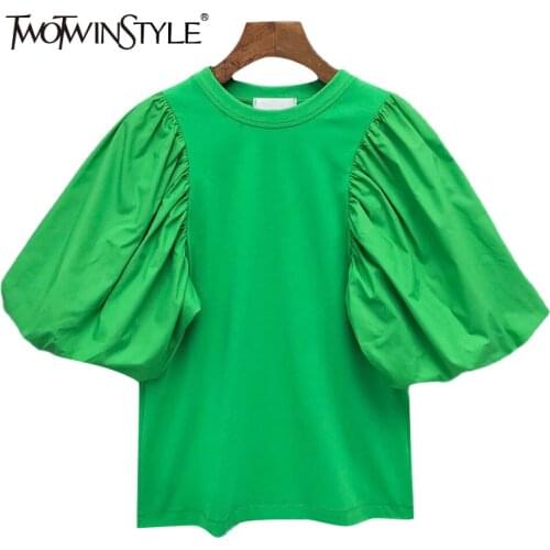 TWOTWINSTYLE Green Casual Shirts For Women O Neck Puff Half Sleeve Solid Minimalist Blouses Females Summer Clothing 2021 Stylish
